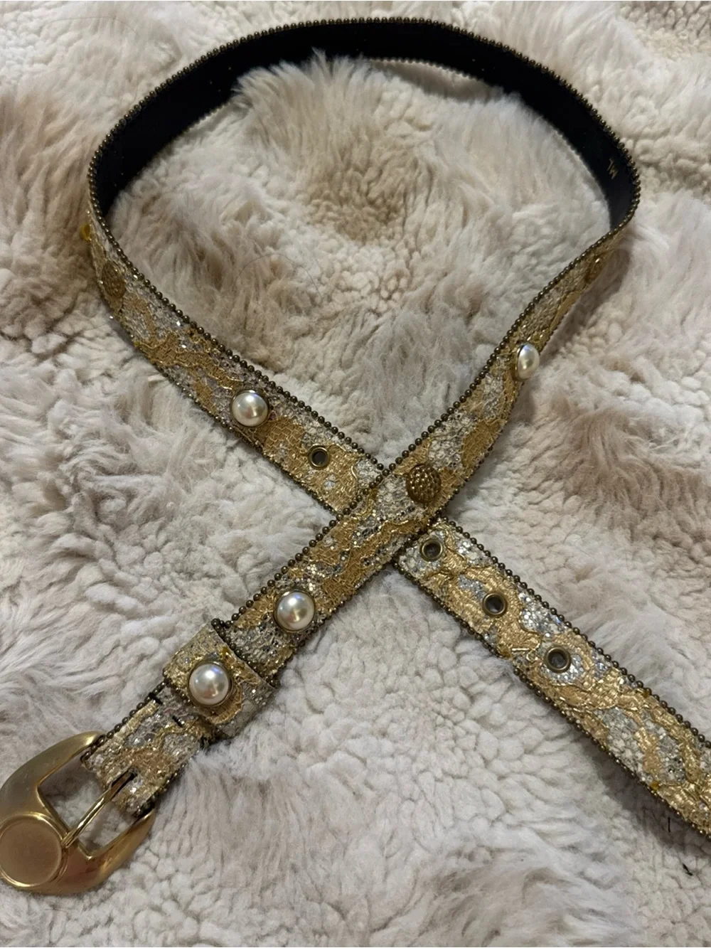 Vtg Dress Belt Women Small Coated Gold Lace Overlay Multicolor Bead Edge Brass
